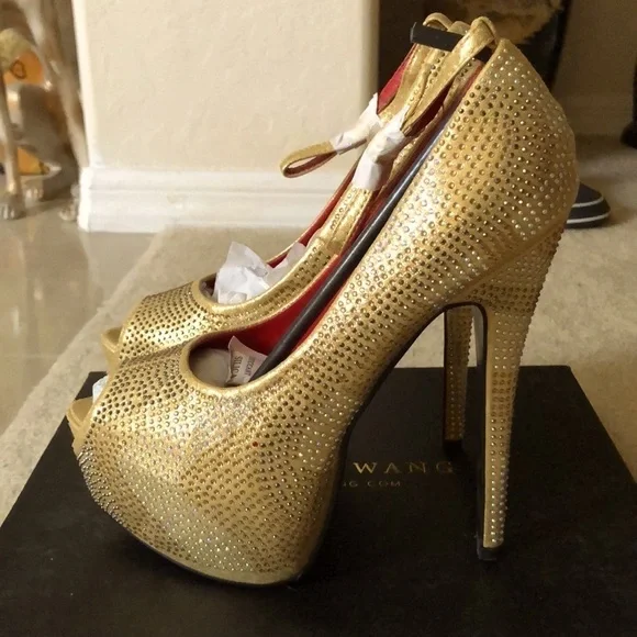 Golden Rhinestone, Chrystal,Mary Jane high heels platform peep toes. - Picture 1 of 5
